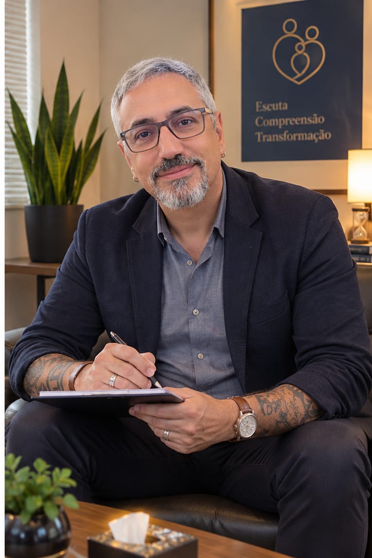 Cristovão Sortino, terapeuta de casais e família, em seu consultório